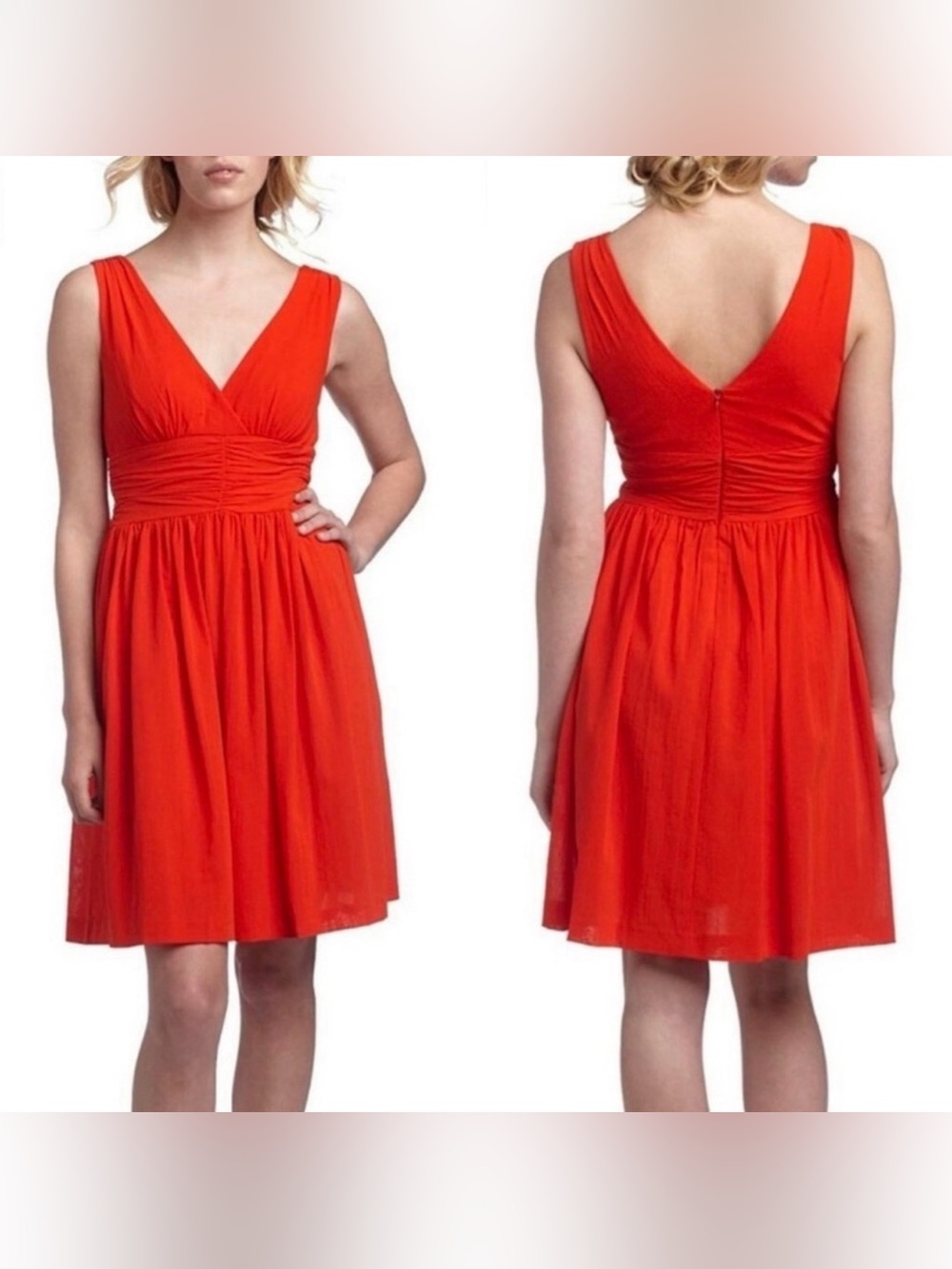Trina Turk Red Coral Reina Dress Ruched Waist Cotton Sleeveless Fit&Flare Size 2